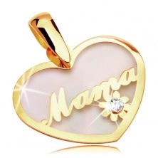 Zawieszka z żółtego 14K złota - perłowe serce z napisem Mama i kwiatem