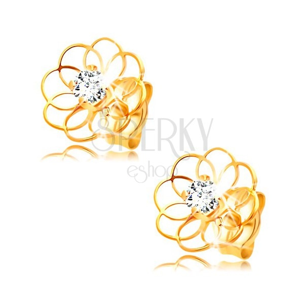 Diamentowe kolczyki z żółtego 14K złota - kontur kwiatu z brylantem