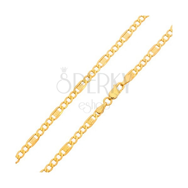 Złoty łańcuszek 585 - trzy owalne ogniwa, ogniwo z kluczem greckim, 550 mm