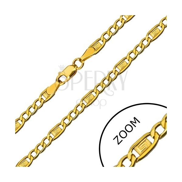 Złoty łańcuszek 585 - trzy owalne ogniwa, ogniwo z kluczem greckim, 450 mm