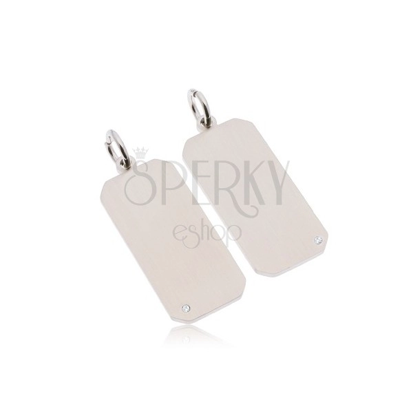 Dwie stalowe zawieszki w srebrnym kolorze, matowe prostokąty, bezbarwne cyrkonie