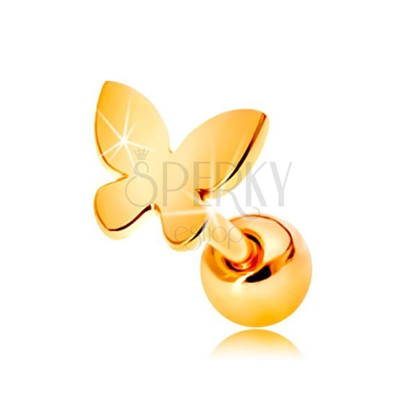 Złoty 585 piercing do ucha - mały płaski motyl z błyszczącą powierzchnią