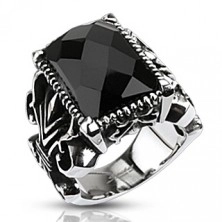 Masywny stalowy pierścionek, czarny oszlifowany prostokąt, rzeźbione ramiona