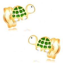 Kolczyki z żółtego złota 14K - mały zielono-biały żółw z czarnym okiem