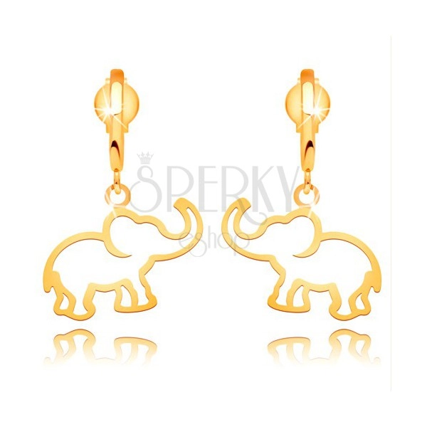 Kolczyki z żółtego 14K złota - kontur słonia wiszącego na błyszczącym łuku