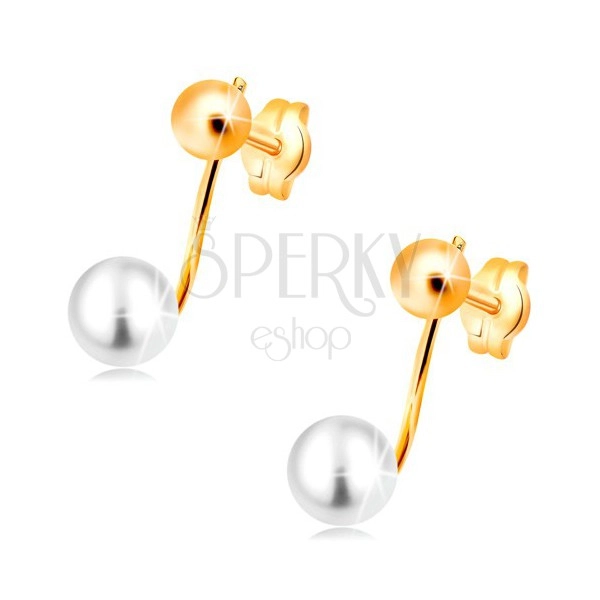 Kolczyki z żółtego 14K złota - błyszcząca kula i biała perła na pałeczce