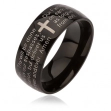 Czarny pierścionek ze stali chirurgicznej, krzyż srebrnego koloru, modlitwa Ojcze Nasz, 6 mm
