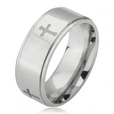 Stalowy pierścionek srebrnego koloru, grawerowane krzyże i obniżone krawędzie, 6 mm