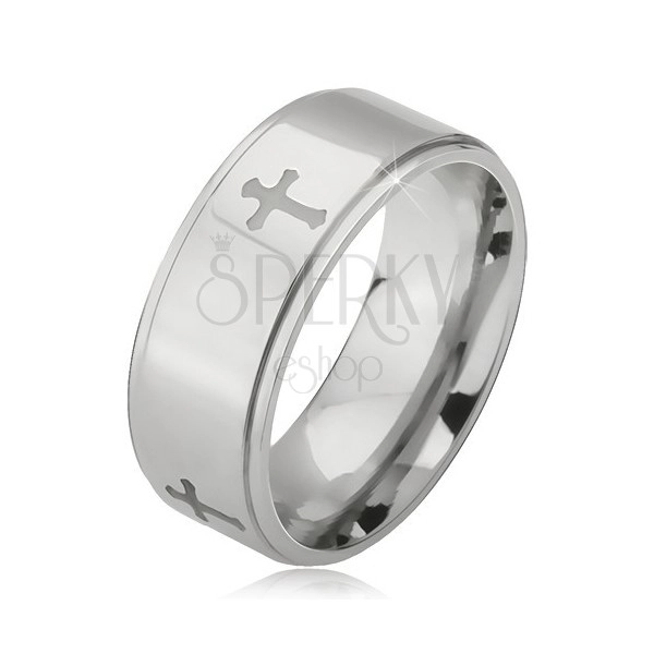 Stalowy pierścionek srebrnego koloru, grawerowane krzyże i obniżone krawędzie, 6 mm