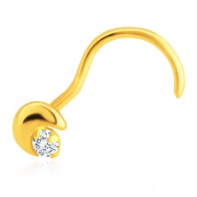 Piercing do nosa z żółtego 14K złota - zagięty, sierp księżyca, cyrkonia