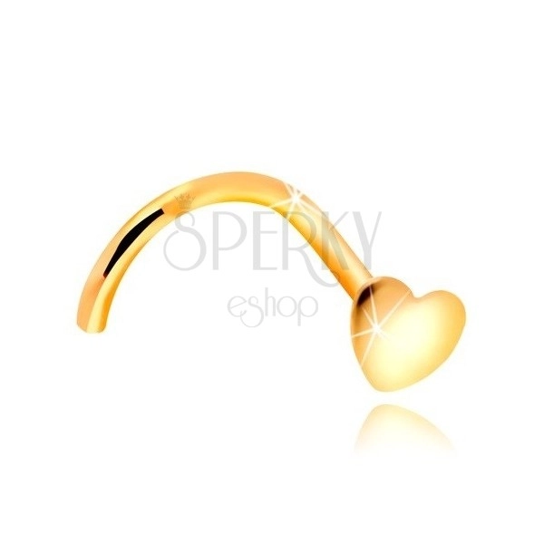 Złoty zagięty piercing do nosa 585 - lśniące płaskie serce