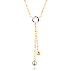 Złoty 14K naszyjnik - biała perła i lśniąca kuleczka na łańcuszkach