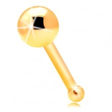 Piercing do nosa z żółtego 14K złota - prosty kształt, lśniąca gładka kuleczka