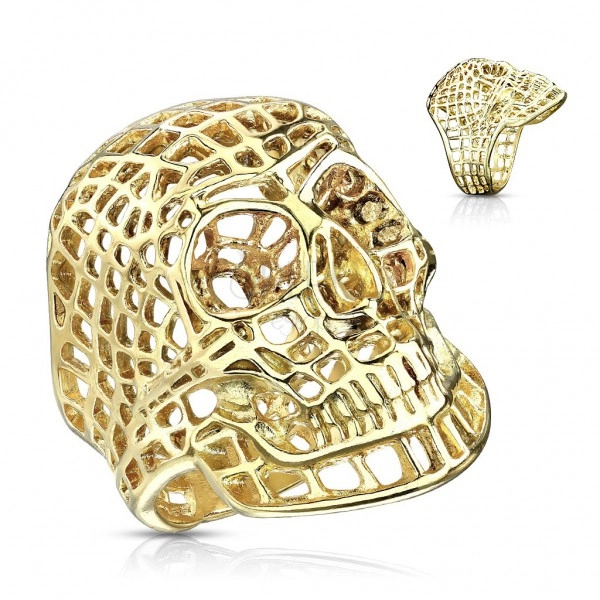 Masywny pierścionek ze stali 316L, lśniący złoty kolor, siatkowana czaszka