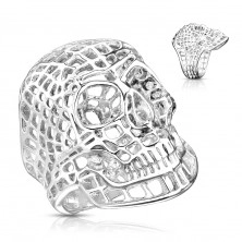 Masywny stalowy pierścionek w srebrnym kolorze, siatkowana czaszka
