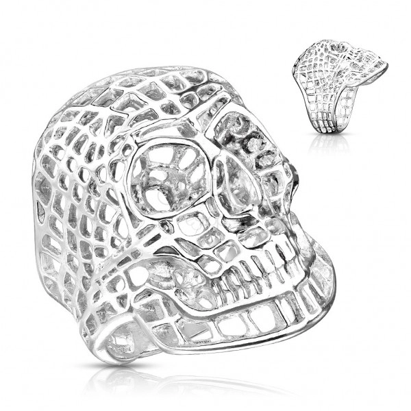Masywny stalowy pierścionek w srebrnym kolorze, siatkowana czaszka