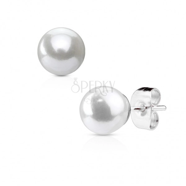 Stalowe kolczyki srebrnego koloru z syntetyczną białą perłą