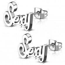 Kolczyki ze stali chirurgicznej srebrnego koloru, lśniący napis Sexy