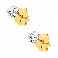 Kolczyki z żółtego 14K złota - okrągła cyrkonia bezbarwnego koloru, sztyfty, 3 mm
