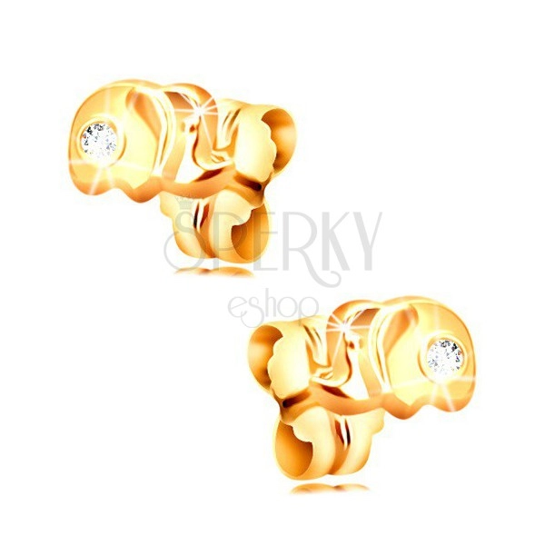 Złote 14K kolczyki sztyfty - mały słoń z bezbarwną cyrkonią