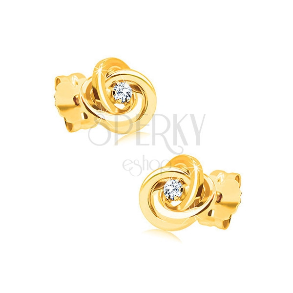 Diamentowe kolczyki z żółtego złota 585 - węzeł z trzech pierścieni, przezroczysty diament