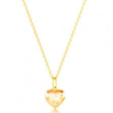 Złoty wisiorek 585 - trójwymiarowe serce ozdobione nacięciami i białym złotem
