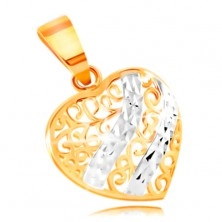 Złoty wisiorek 585 - wypukłe serce ozdobione filigranem i falami z białego złota