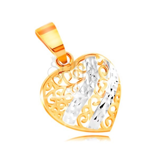 Złoty wisiorek 585 - wypukłe serce ozdobione filigranem i falami z białego złota