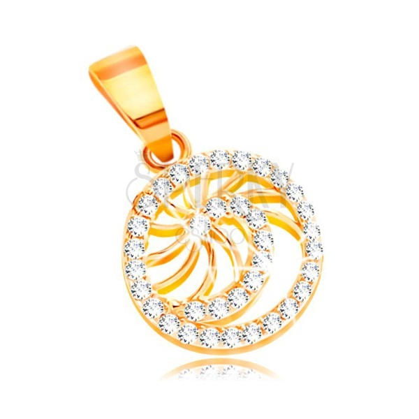 Złota zawieszka 585 - lśniąca spirala z bezbarwnych cyrkonii i cienkie błyszczące promienie