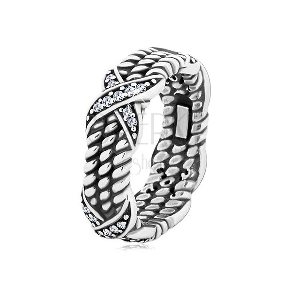 Patynowany srebrny pierścionek 925, motyw skręconej liny, krzyżyki z cyrkoniami