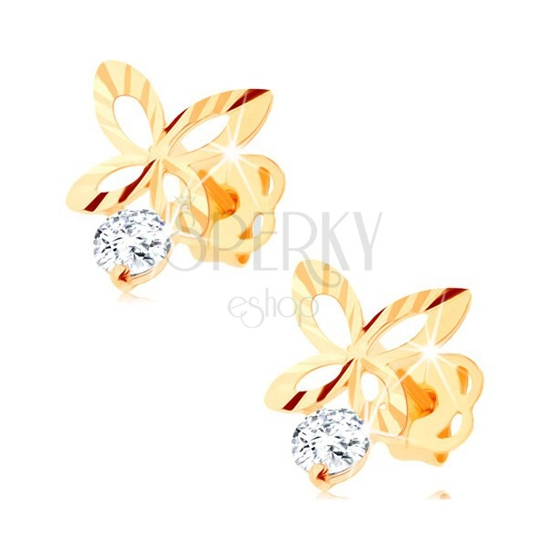 Brylantowe złote kolczyki 585 - lśniący zarys motyla, bezbarwny diament
