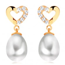 Diamentowe kolczyki z żółtego 14K złota - kontur serca z brylantami, owalna perła