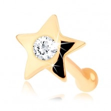 Prosty piercing do nosa z żółtego 14K złota - mała lśniąca gwiazda z diamentem