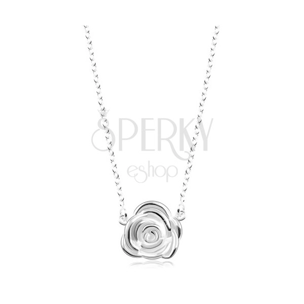 Srebrny naszyjnik 925, błyszczący łańcuszek, rozkwitnięta róża