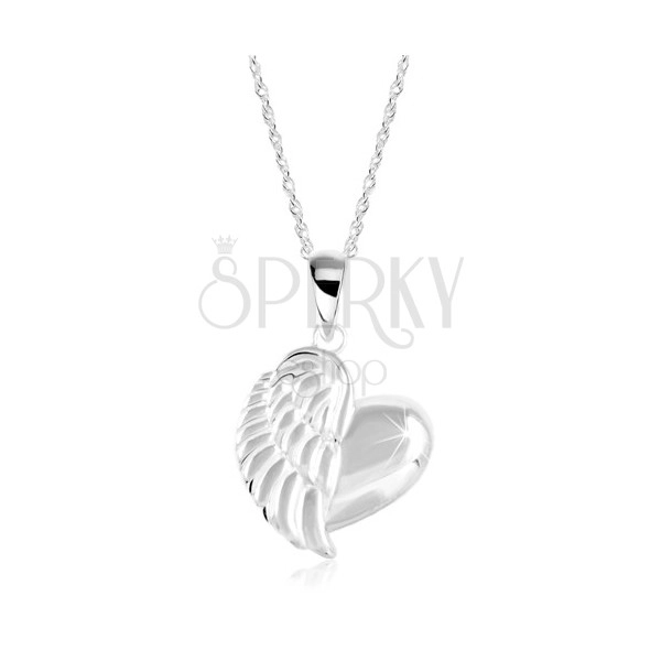Srebrny naszyjnik 925, lśniące serce ze skrzydłem anioła, spiralny łańcuszek