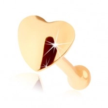 Piercing do nosa z żółtego 14K złota - prosty kształt, wypukłe serce