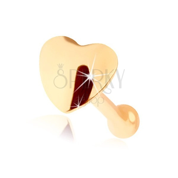 Piercing do nosa z żółtego 14K złota - prosty kształt, wypukłe serce
