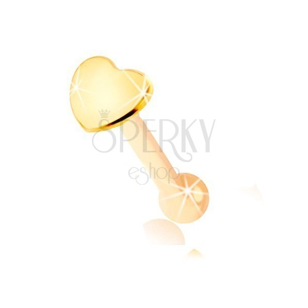 Piercing do nosa z żółtego 9K złota - prosty kształt, płaskie serce