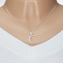 Srebrny 925 naszyjnik, lśniący łańcuszek, wąski sierp księżyca wyłożony cyrkoniami