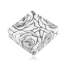 Pudełeczko na kolczyki lub dwa pierścionki, czarny wzór róży na białym tle