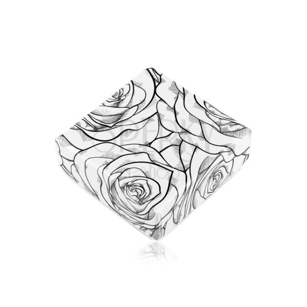 Pudełeczko na kolczyki lub dwa pierścionki, czarny wzór róży na białym tle