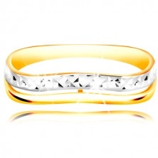 Złoty pierścionek 585 - fala z białego i żółtego złota, lśniąca oszlifowana powierzchnia