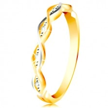 Złoty pierścionek 585 - dwie cienkie splecione fale z białego i żółtego złota, cyrkonie