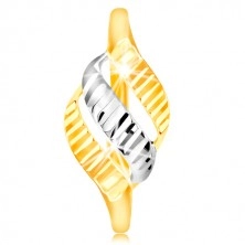 Złoty pierścionek 585 - trzy fale z żółtego i białego złota, lśniące nacięcia