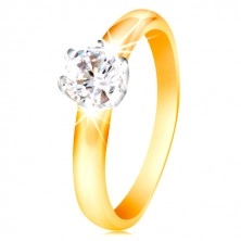 Złoty 14K dwukolorowy pierścionek - bezbarwna cyrkonia w sześcioramiennym koszyczku, wypukłe ramiona