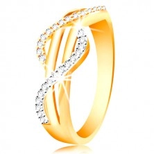 Złoty pierścionek 585 - cyrkoniowe fale z żółtego i białego złota, proste gładkie pasy