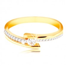 Złoty pierścionek 585 - rozdwojone ramiona z kombinacją białego złota, uniesiona okrągła cyrkonia bezbarwnego koloru