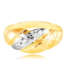 Złoty pierścionek 585 - wypukłe paski żółtego i białego złota, lśniące rowki