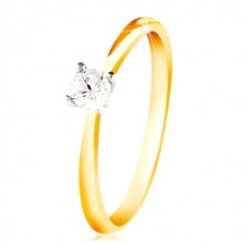 Złoty 14K pierścionek - cienkie ramiona, bezbarwna cyrkonia w koszyczku z białego złota