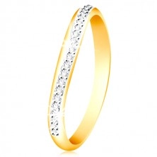 Złoty 14K pierścionek - błyszczący falujący pas z bezbarwnych cyrkonii i białego złota